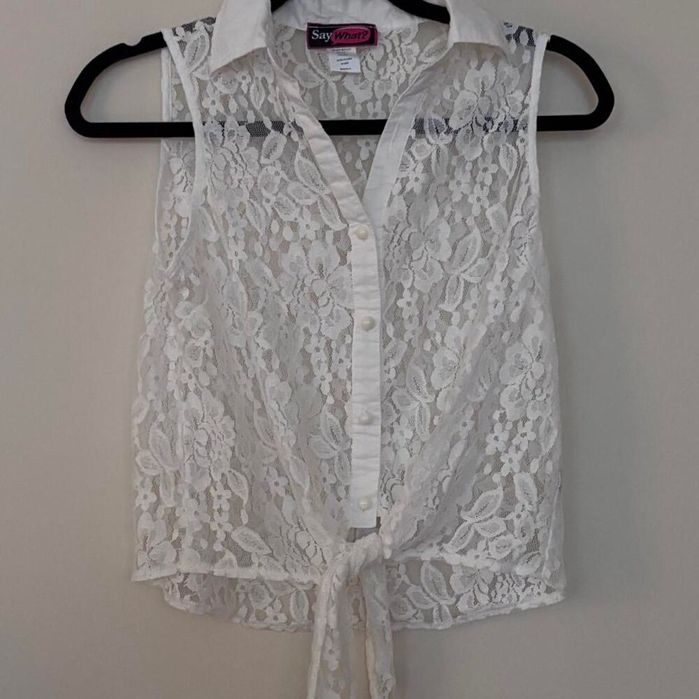 Say What? White Lace Sleeveless Button Front Tie Blouse Vintage Y2K